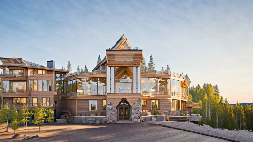 Luxurious Mountain Lodge with Large Windows and Balconies in Forest Setting