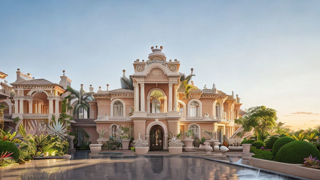 Classical facade mansion with statues, gardens, and reflective pool at dusk