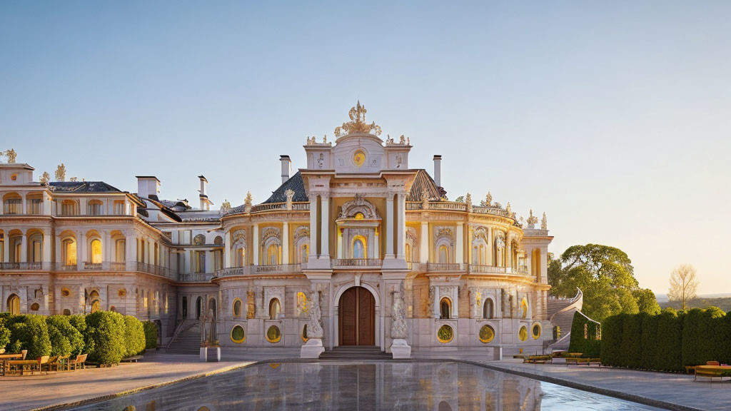 Baroque palace with ornate facades, grand staircases, and reflecting pool at sunset
