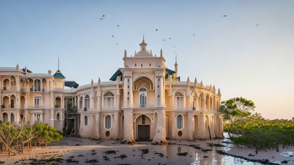 Abandoned Gothic palace in mangrove setting at sunset