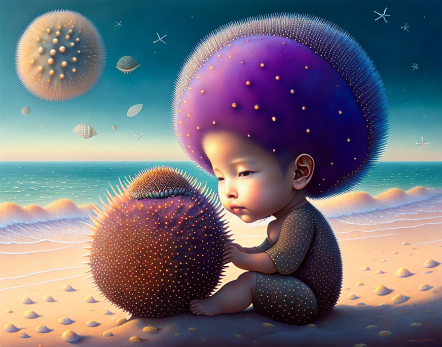 Surreal illustration of child with sea urchin-inspired outfit on dreamlike beach