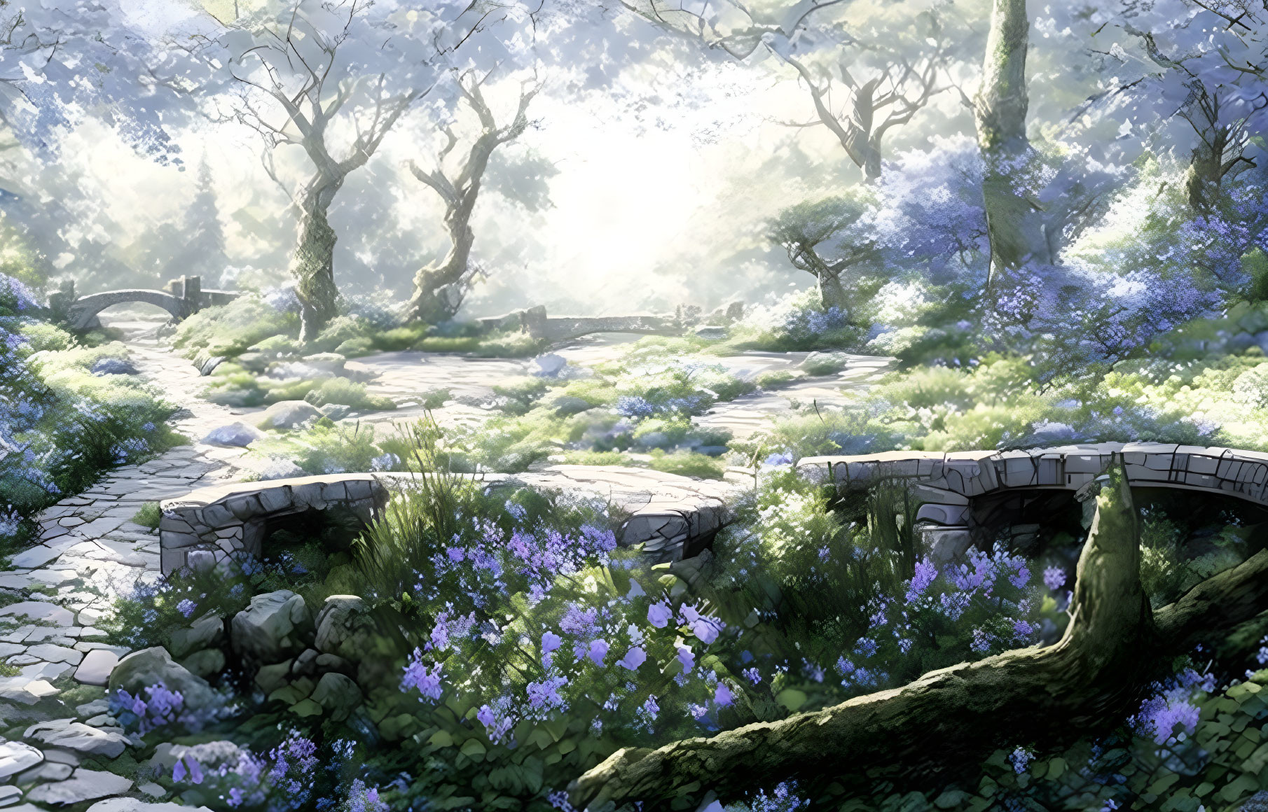 Tranquil forest scene with sunlight, stone path, bridges, and blue flowers