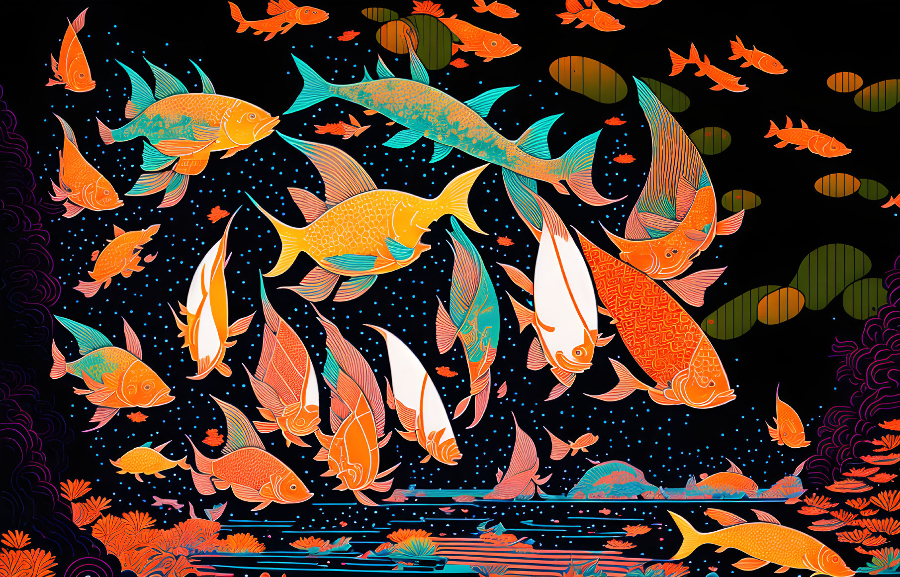 Colorful Fish Illustration in Patterned Underwater Scene