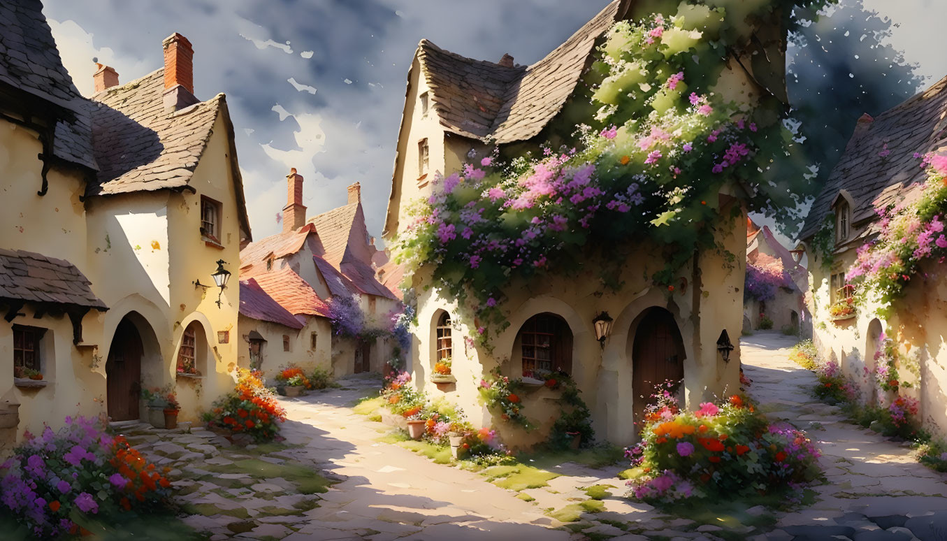 Quaint cottages on idyllic village street with colorful flowers in warm light