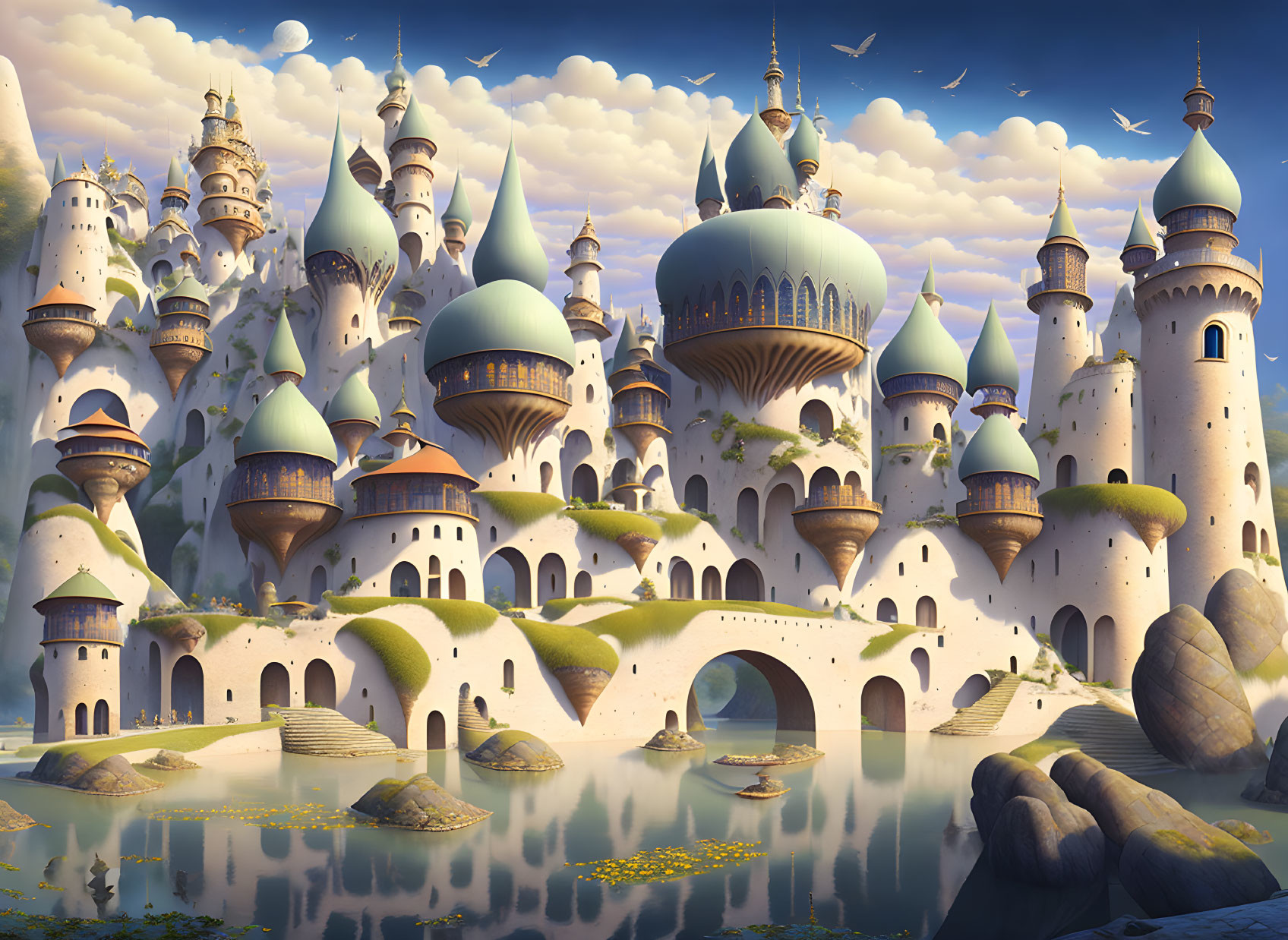 Fantasy castle with towers, bridges, and turquoise domes in serene landscape