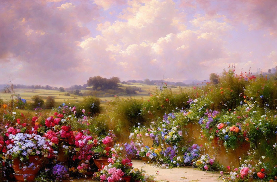 Tranquil landscape painting with lush flowerbeds and rolling countryside