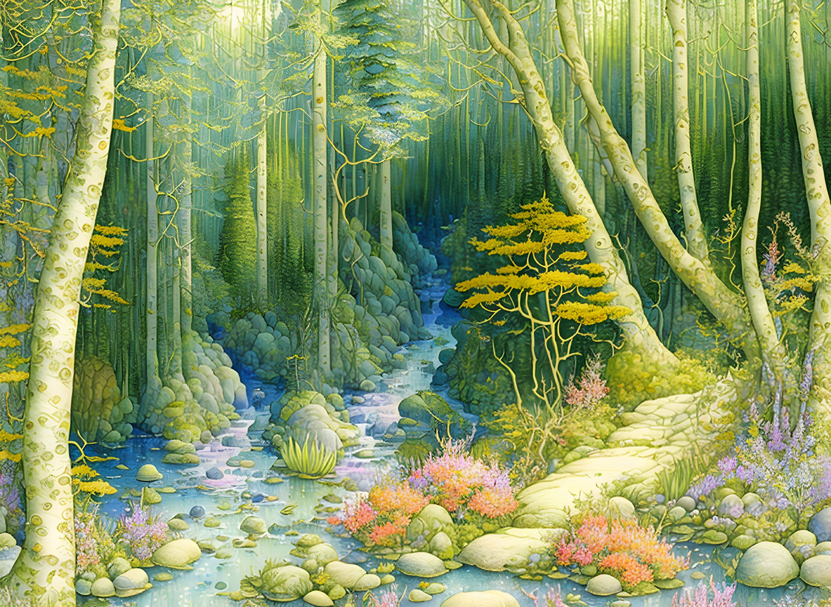 Detailed illustration of tranquil forest with bamboo, colorful flora, stream, and golden sunlight