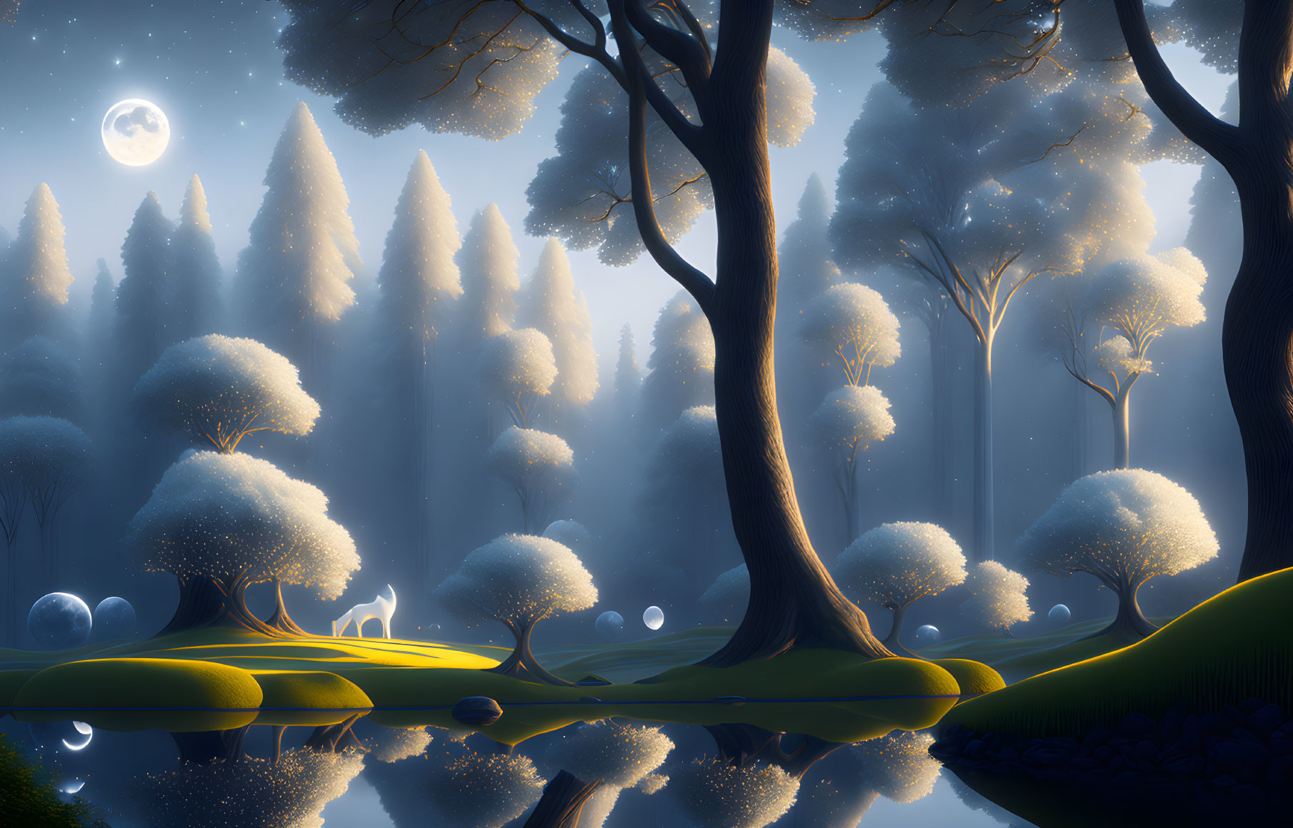 Tranquil nighttime landscape with glowing trees, full moon, and misty forest