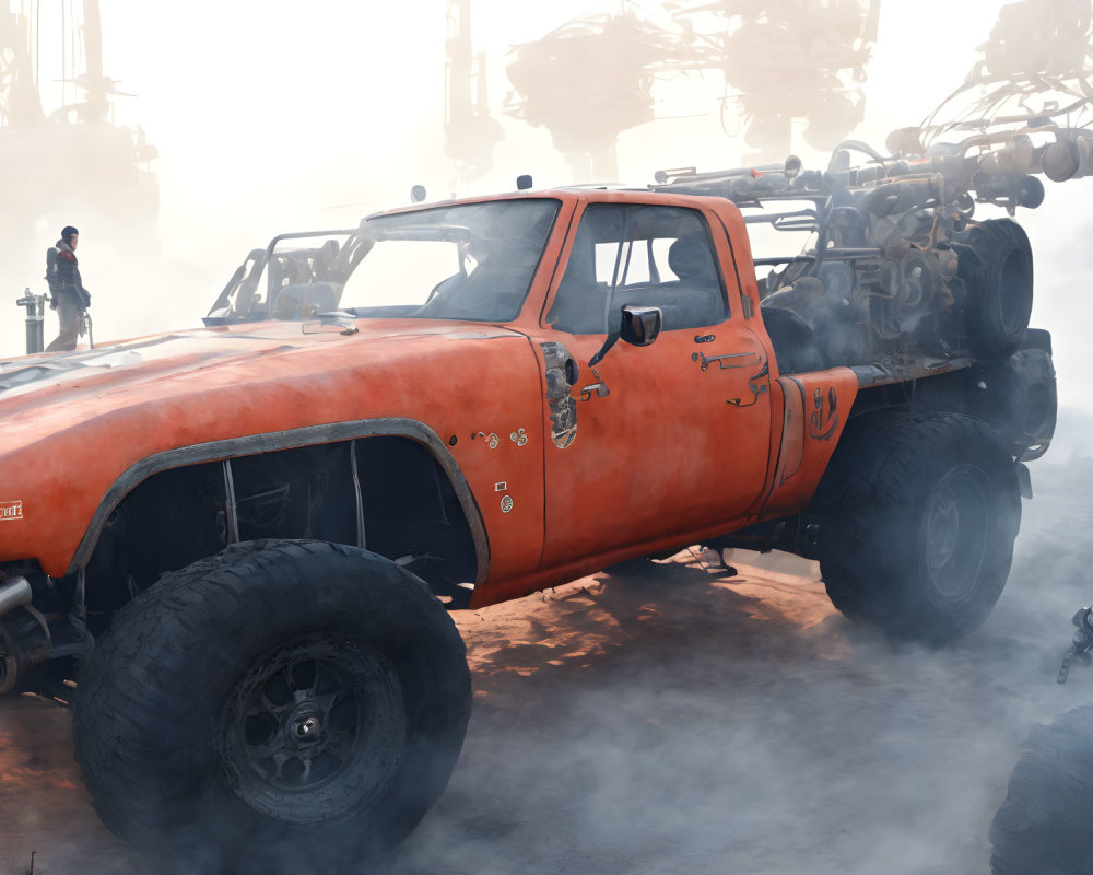 Modified orange pickup truck with large tires and mechanical enhancements in foggy industrial scene