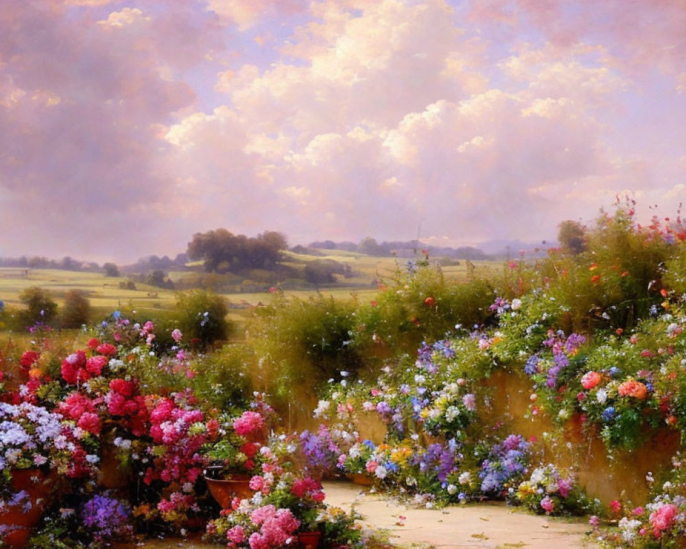 Tranquil landscape painting with lush flowerbeds and rolling countryside