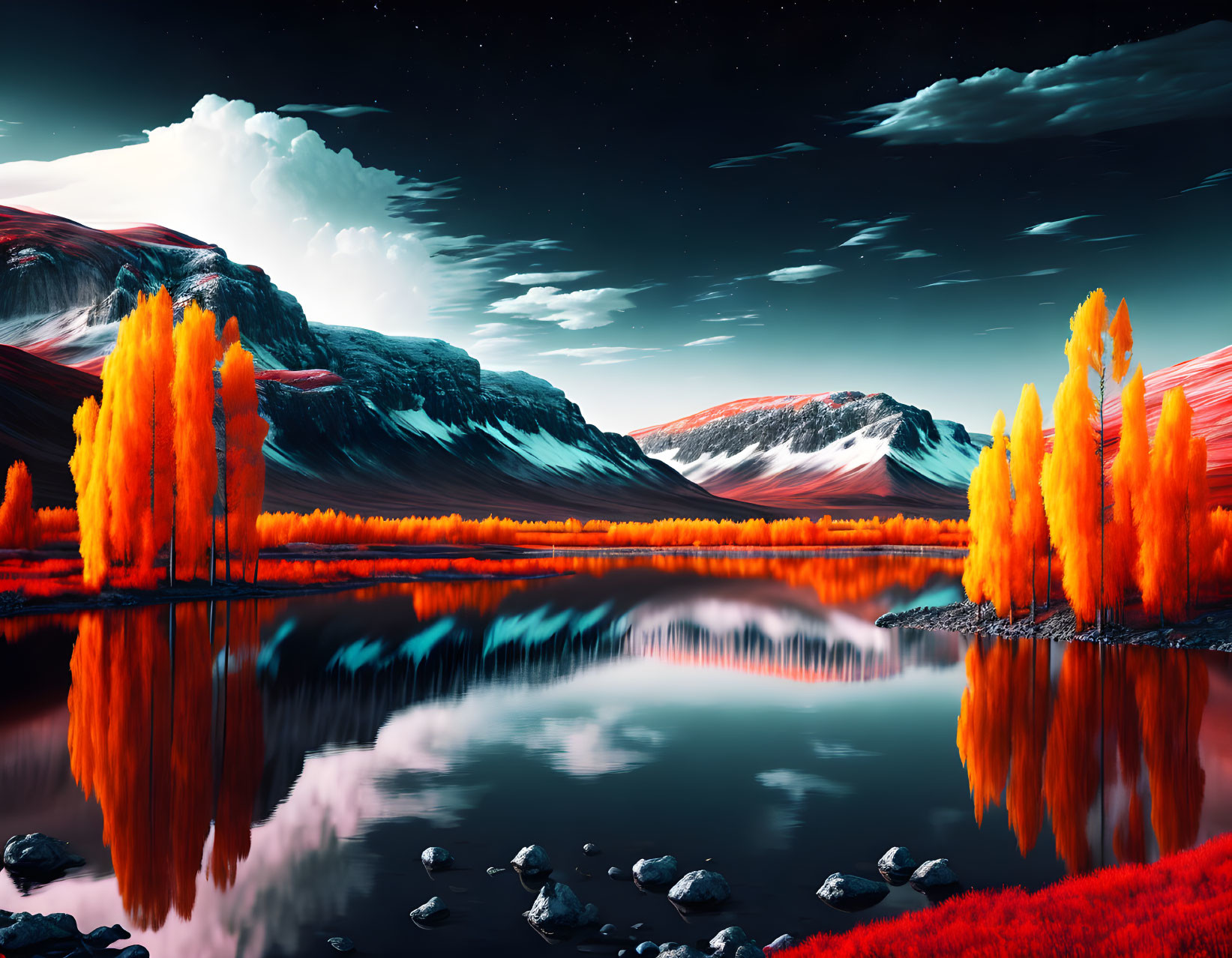 Autumn Trees Reflecting in Tranquil Lake with Snow-Capped Mountains