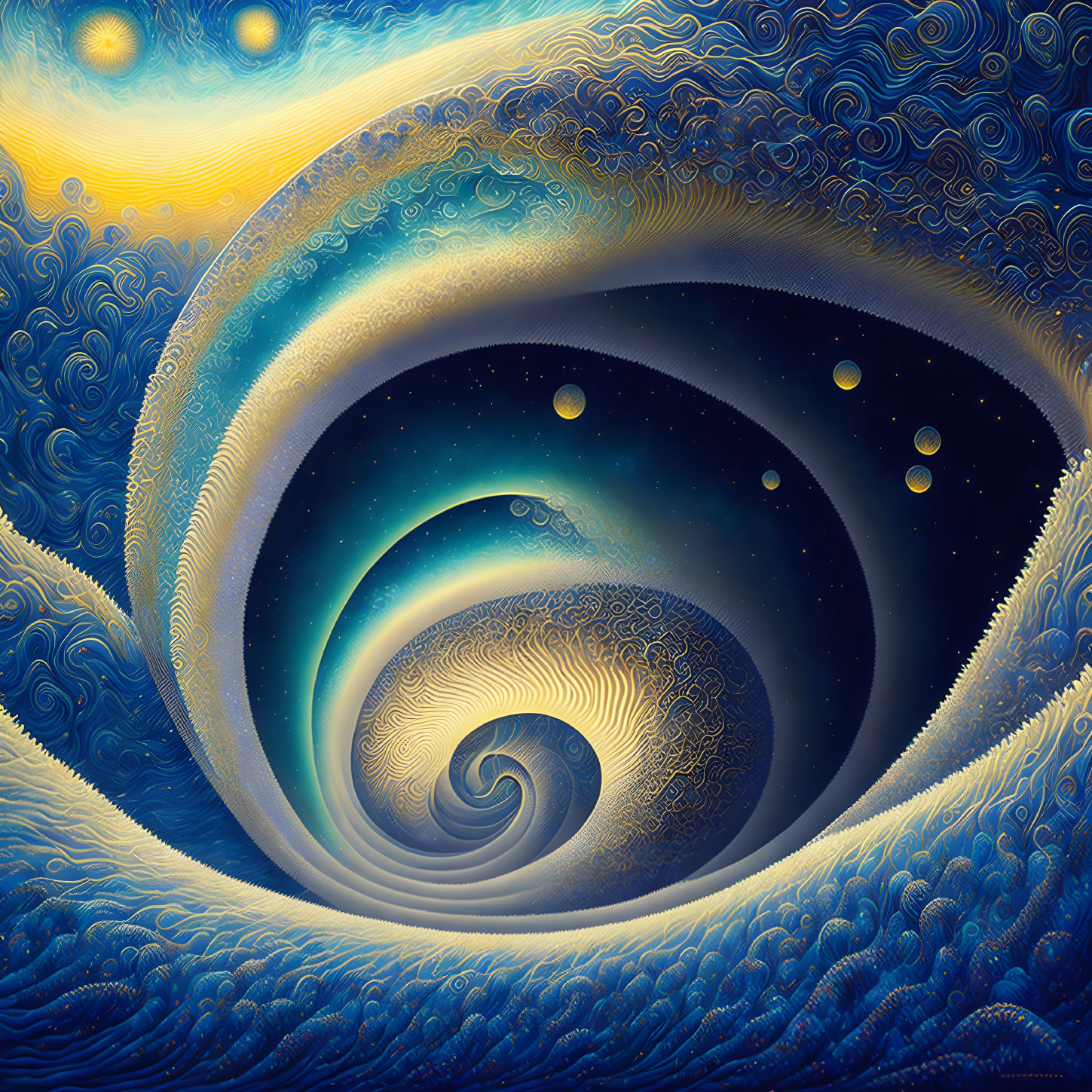 Spiraling cosmic scene with Van Gogh-inspired swirl pattern