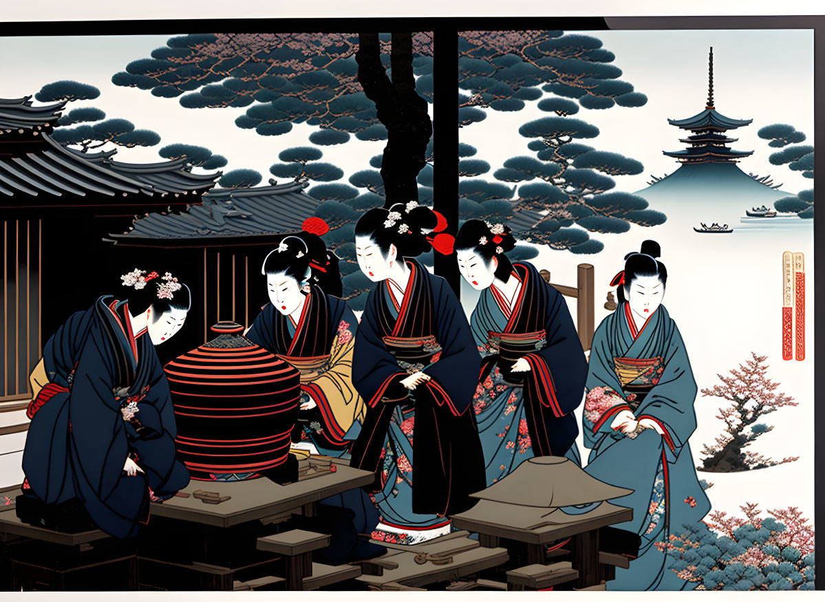 Traditional Japanese ukiyo-e artwork featuring five geishas in kimono attire, with pagoda