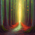 Tranquil forest path with tall trees and red leaves under soft light