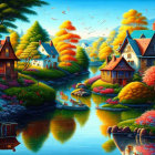Colorful Illustration: Picturesque Village by River with Blooming Flowers
