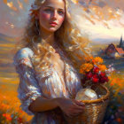 Young woman with flowers in sunlit field and village backdrop