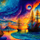 Vibrant surreal seascape with three galleons sailing at sunset