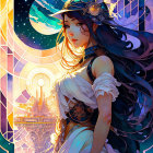 Fantasy Illustration: Woman with Dark Hair and Celestial Cityscape