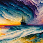 Vibrant surreal seascape with tall ship sailing on colorful waves at sunset