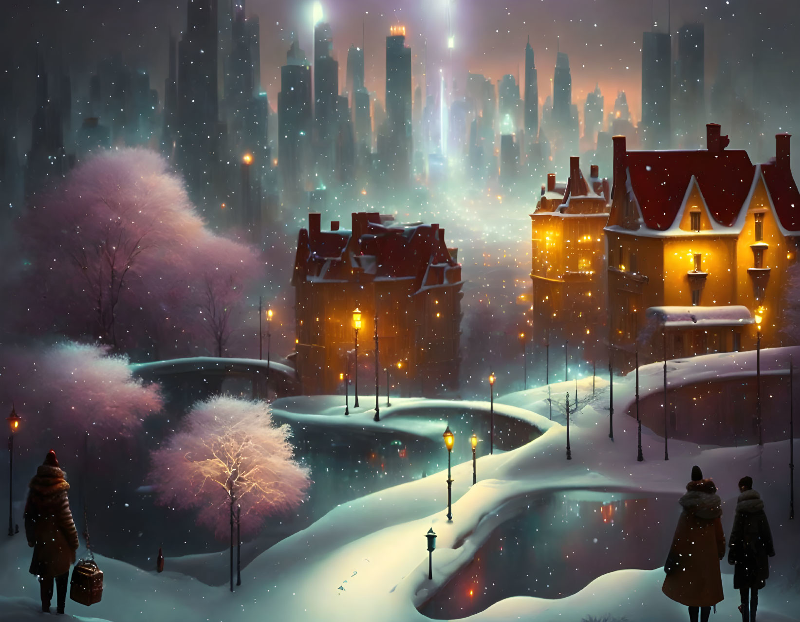 Snowy Evening Scene: People Walking, Lit Street Lamps, Houses, City Skyline, Star