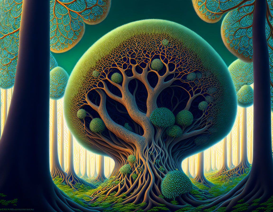 Surreal forest with oversized blue and green patterned trees