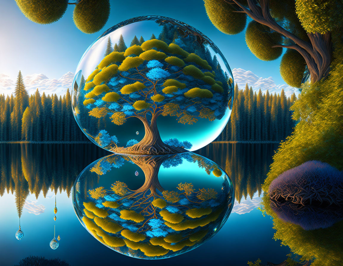 Surreal landscape with crystal ball, inverted tree, lake, forest, and blue sky