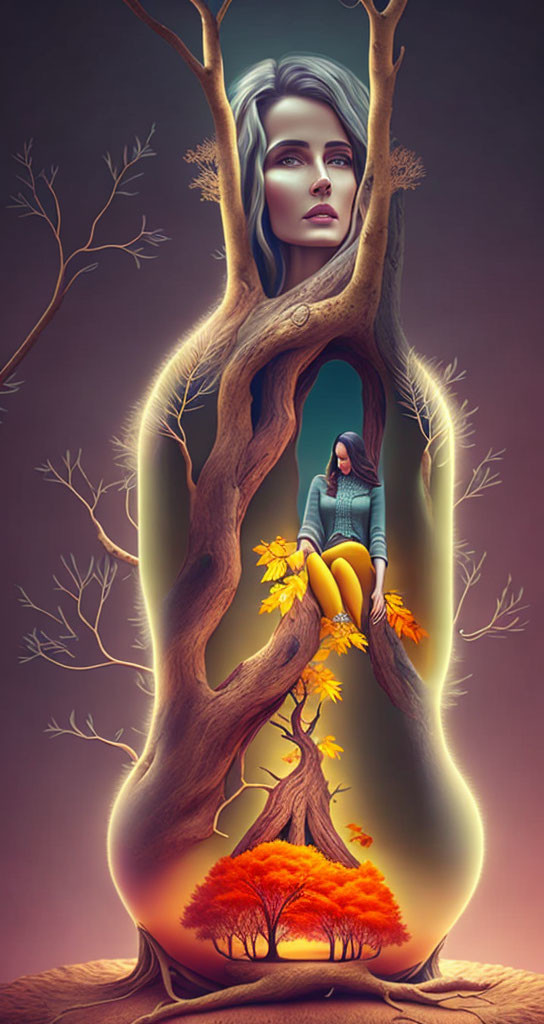 Surreal artwork of woman's face merging with tree, small figure inside hollow