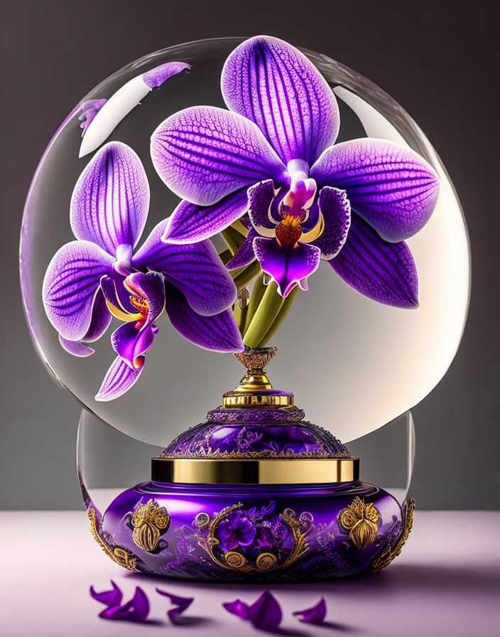 Digital Artwork: Glass Orb with Purple Orchids on Ornate Base