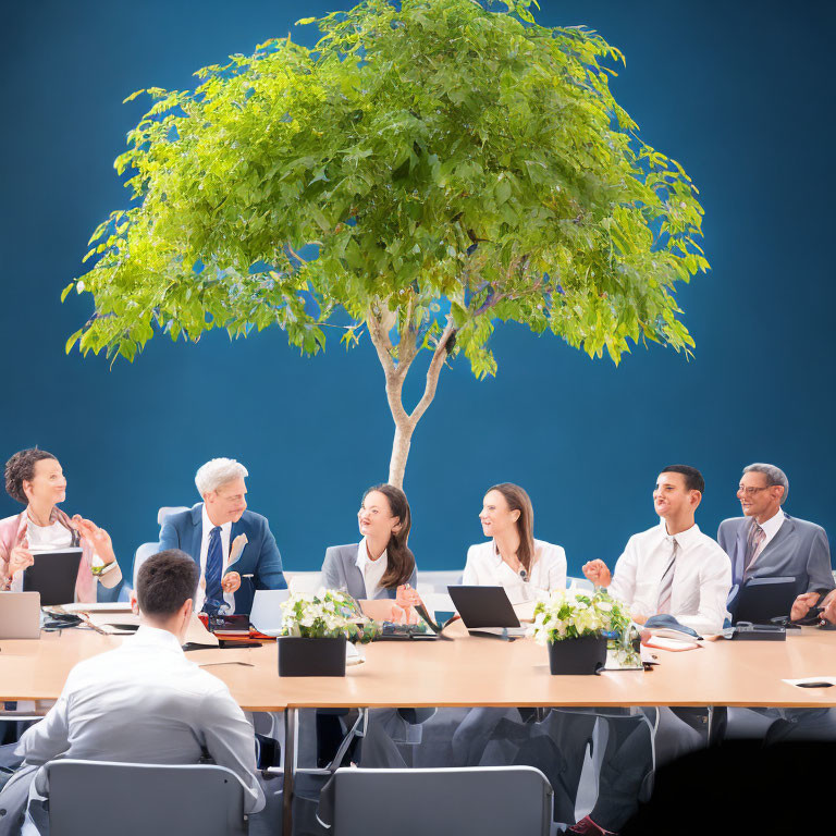 Professionals in Meeting Room with Laptops and Tree