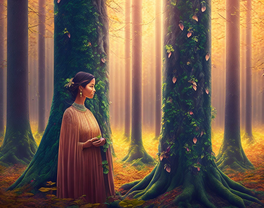 Woman in flowing green dress by ivy-covered tree in mystical autumn forest