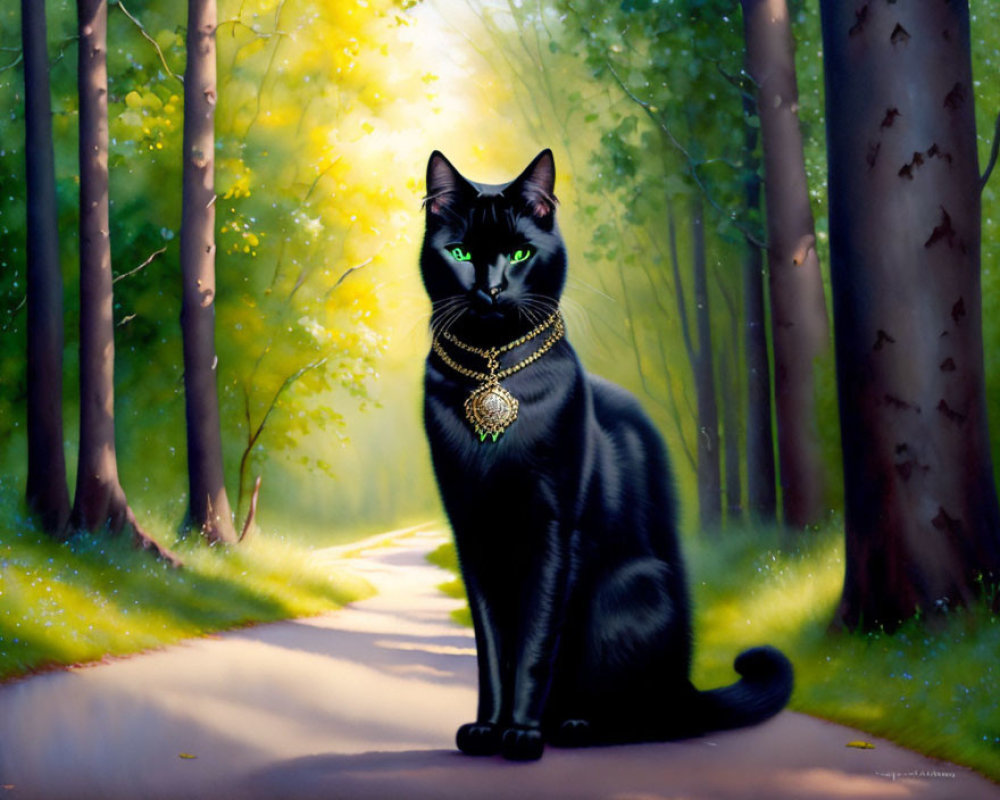 Black cat with necklace in sunlit forest path