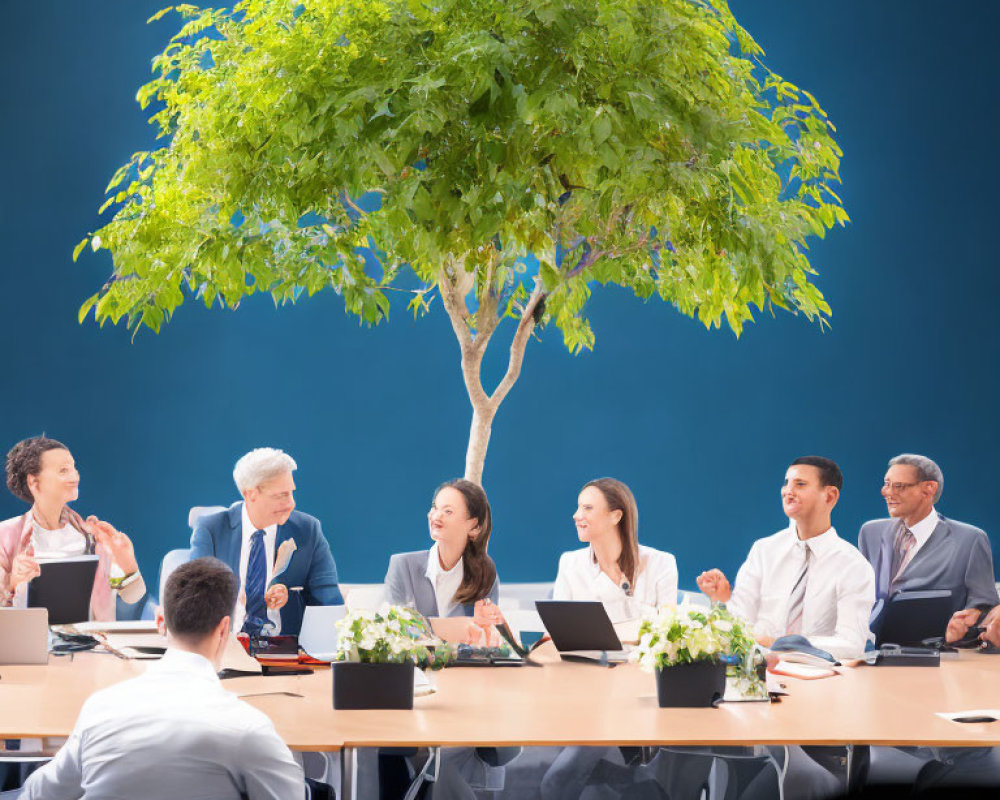 Professionals in Meeting Room with Laptops and Tree