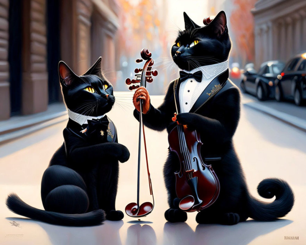 Anthropomorphic cats with violin on city street in autumn