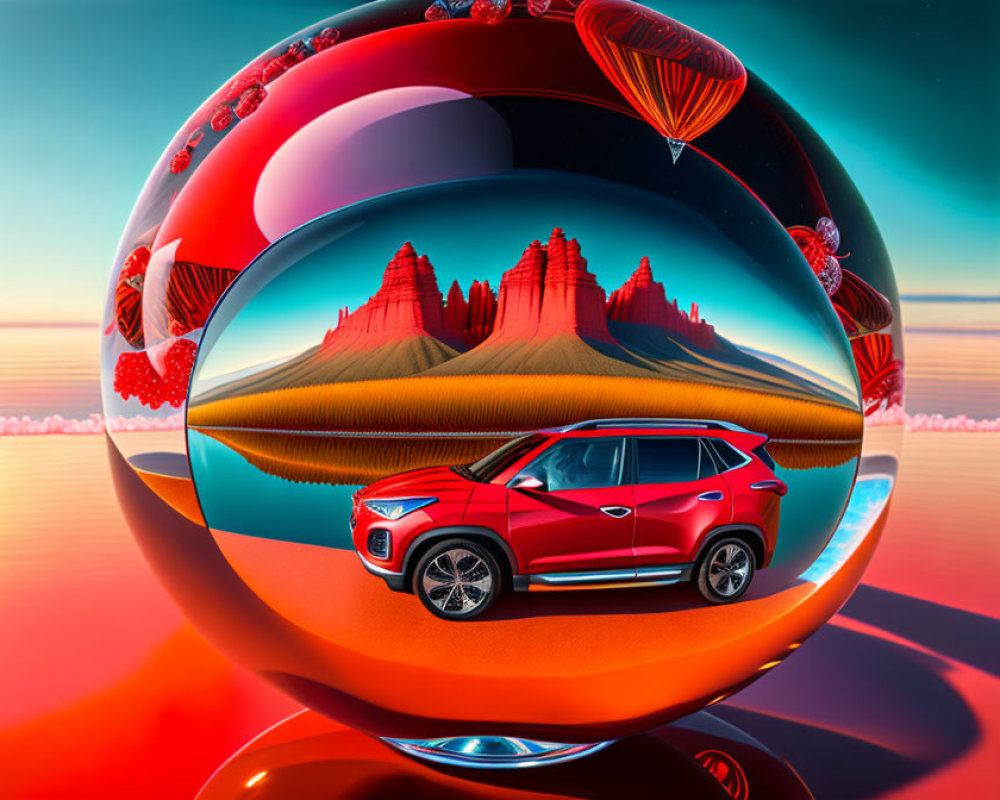 Surreal red car and reflective sphere in altered desert landscape