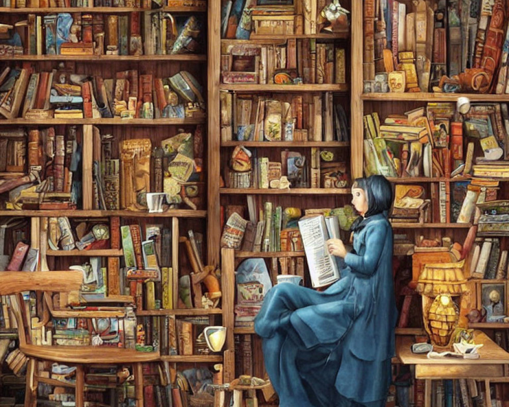 Woman in Blue Dress Reading Large Book in Cozy Room with Wooden Bookshelves