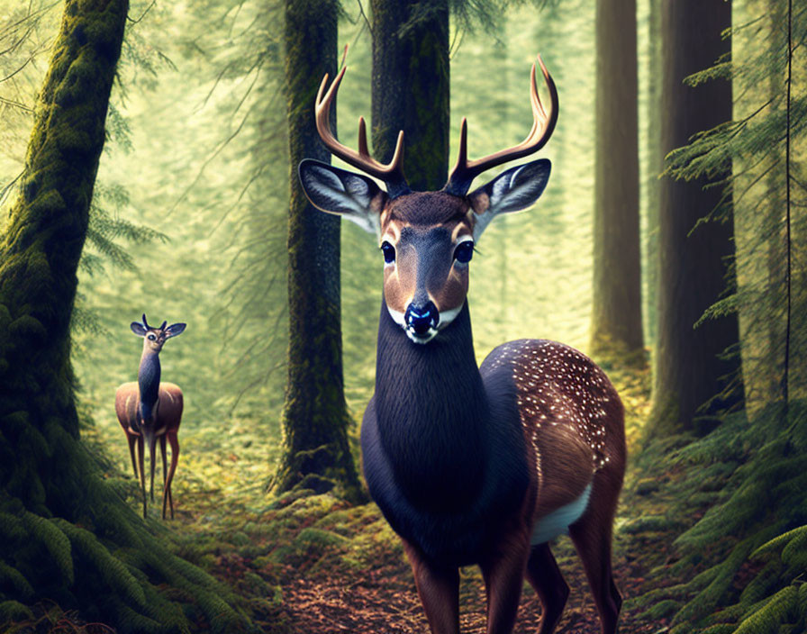 Majestic deer with prominent antlers in misty forest landscape