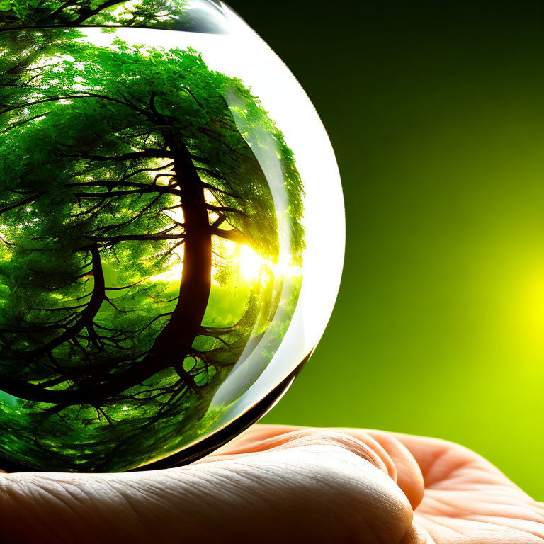 Transparent Sphere Reflecting Sunlit Green Forest Hand-held