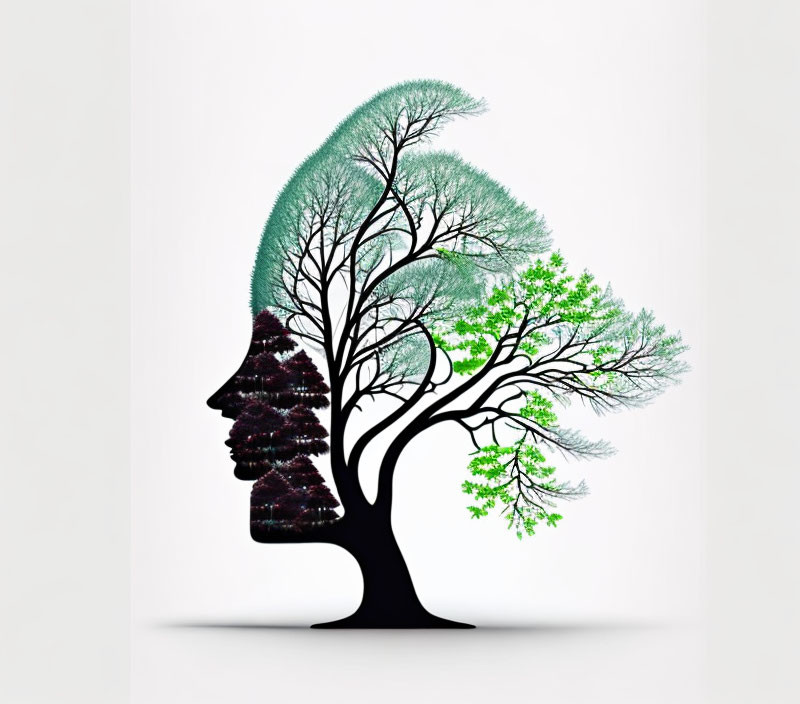 Illustration of tree branches forming human profile silhouette