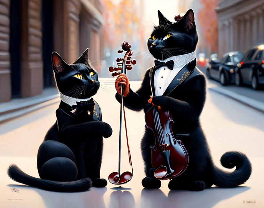 Anthropomorphic cats with violin on city street in autumn