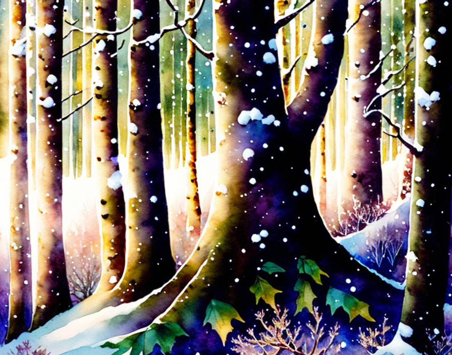 Snowy forest watercolor painting: bare trees, evergreens, snowflakes, night sky