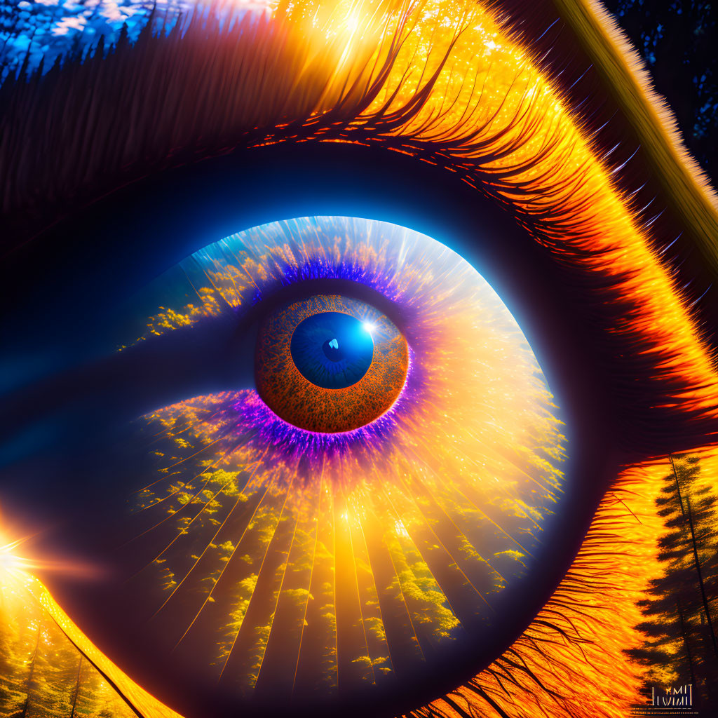 Detailed Close-Up Eye Illustration with Orange and Blue Iris