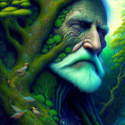 Elderly face merged with tree, lush green foliage, blue beard