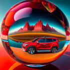 Surreal red car and reflective sphere in altered desert landscape