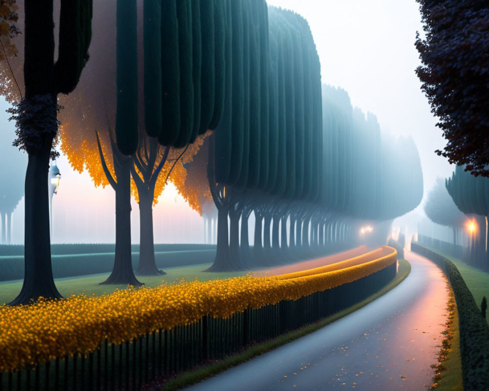 Symmetrical trees line misty park pathway at dawn.