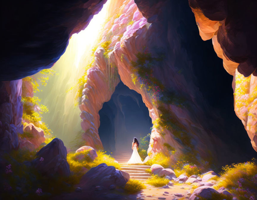 Woman in white dress at entrance of luminous cave with vibrant flora and rocky textures