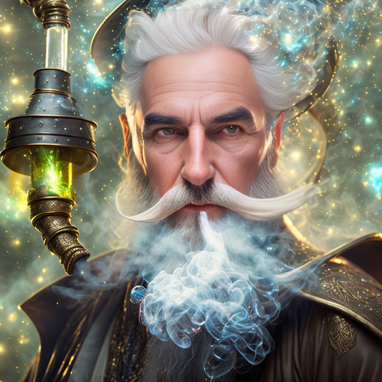 Elderly wizard with white beard and staff in mystical cosmic setting