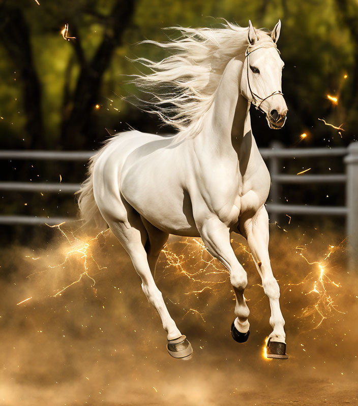 White Horse Galloping in Sunlit Arena with Flowing Mane