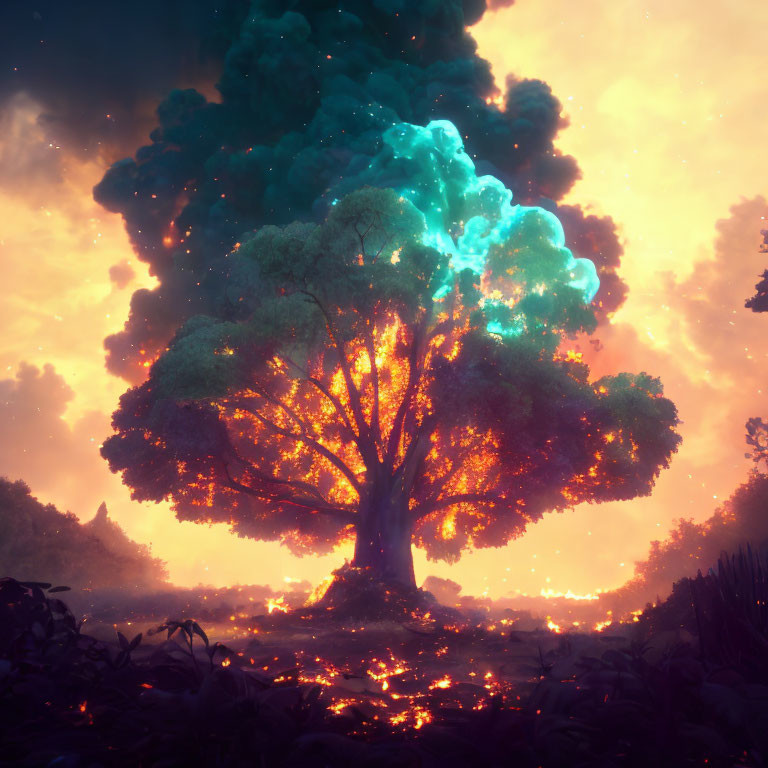Colorful mystical tree with luminous canopy against fiery dusk sky.