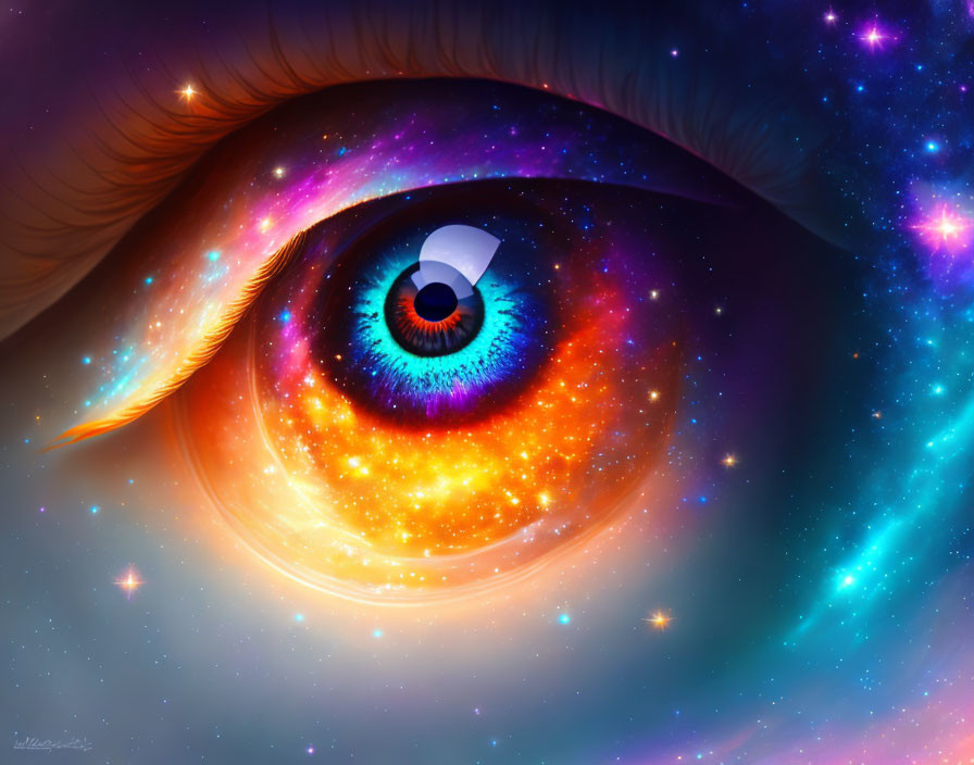 Colorful Eye with Galaxy-Like Iris and Cosmic Elements