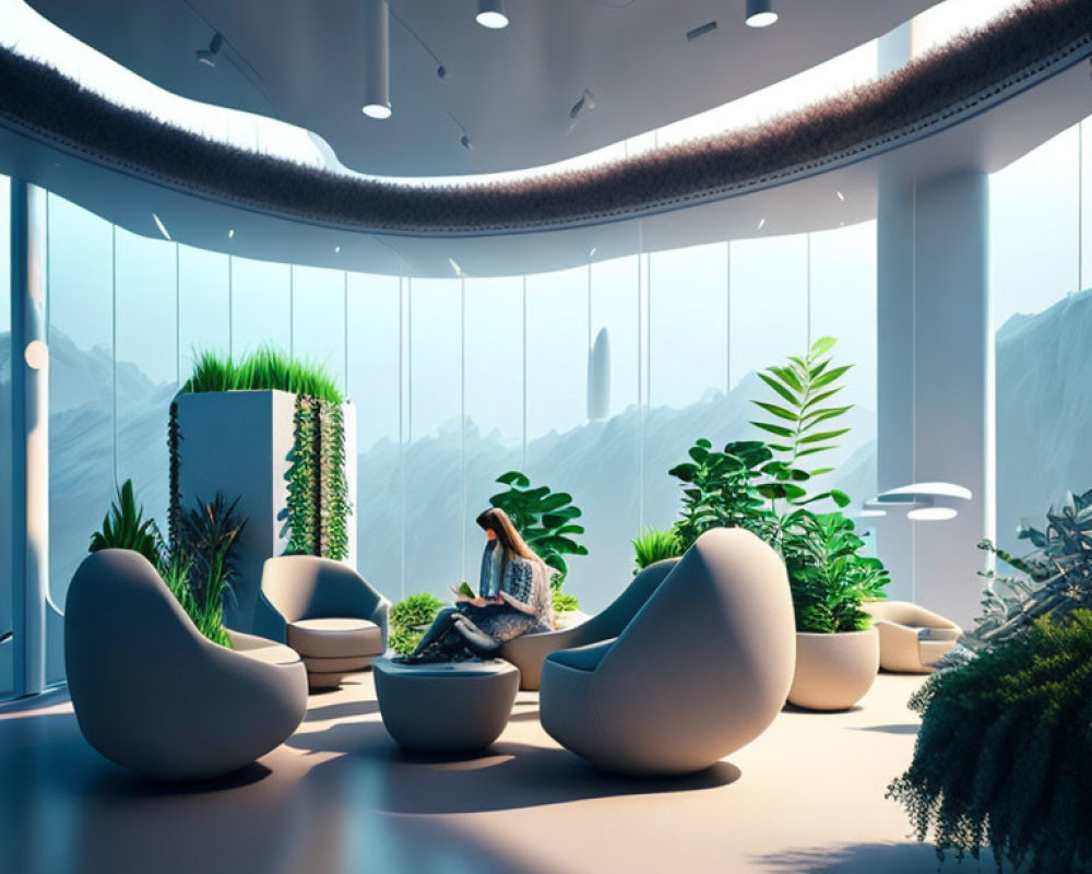 Contemporary indoor lounge with organic-shaped seats and green plants by large windows.
